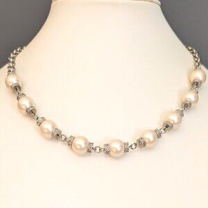Vintage Crown Trifari faux pearl, silver tone rondelle's with faux diamonds